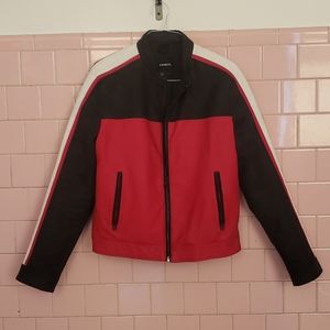 Express Red, Black and White Striped Biker Jacket